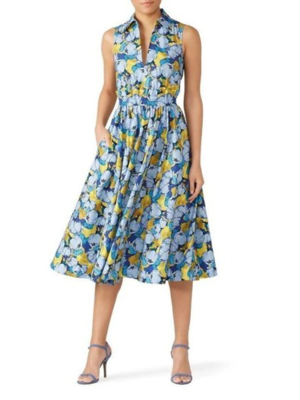 PINKO Peony Midi Dress Retro 50s collared full skirt Blue Yellow Floral 2 / S